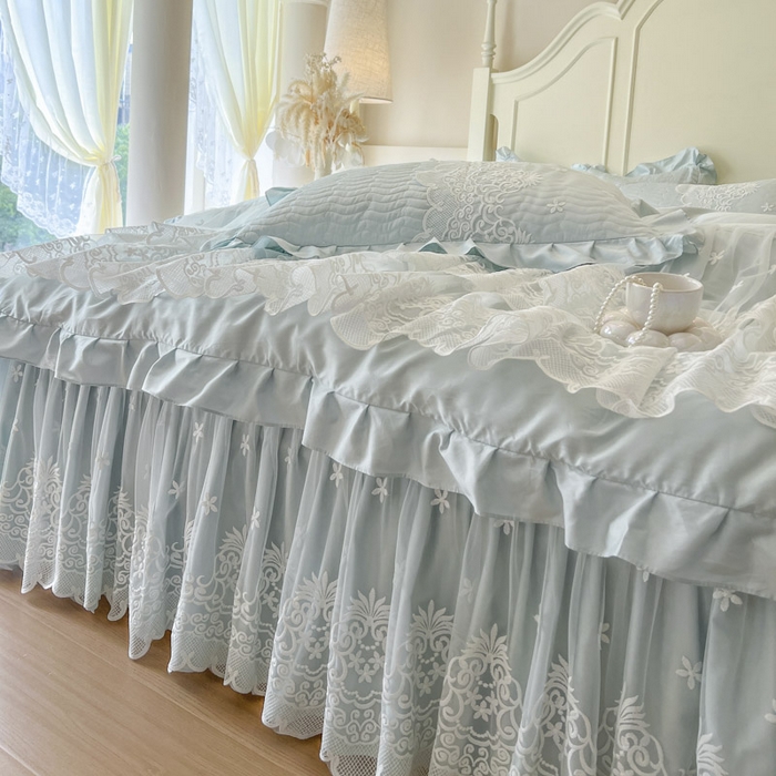 91家纺网 家纺一手货源 找家纺 恋尚 2025新款60S贡缎长绒棉全棉纯棉拉链可拆卸床笠款床裙四件套-曼莉系列 曼莉-清新蓝