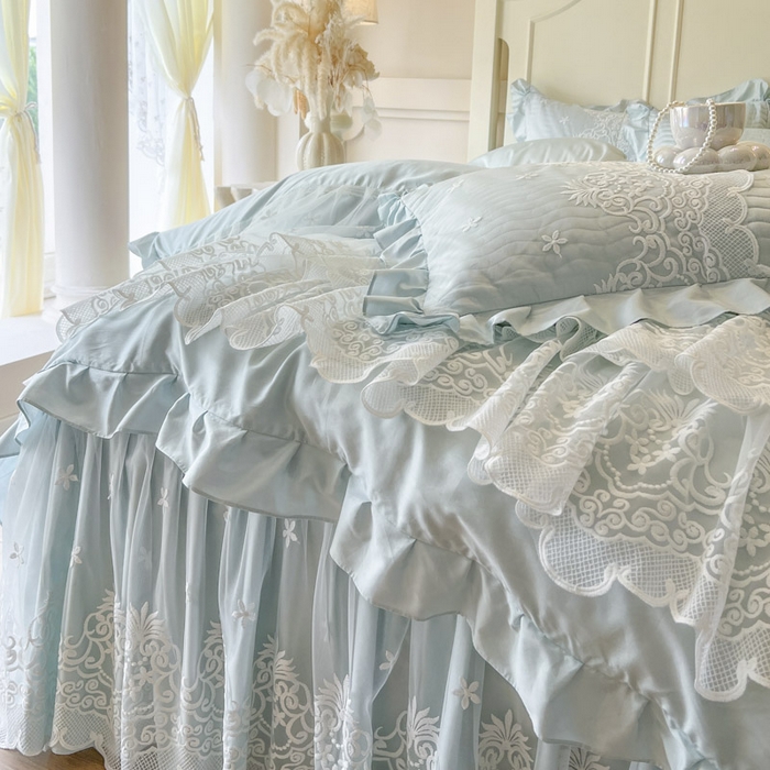 91家纺网 家纺一手货源 找家纺 恋尚 2025新款60S贡缎长绒棉全棉纯棉拉链可拆卸床笠款床裙四件套-曼莉系列 曼莉-清新蓝