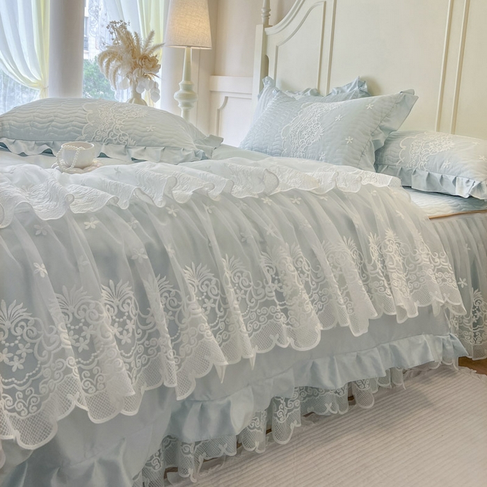 91家纺网 家纺一手货源 找家纺 恋尚 2025新款60S贡缎长绒棉全棉纯棉拉链可拆卸床笠款床裙四件套-曼莉系列 曼莉-清新蓝