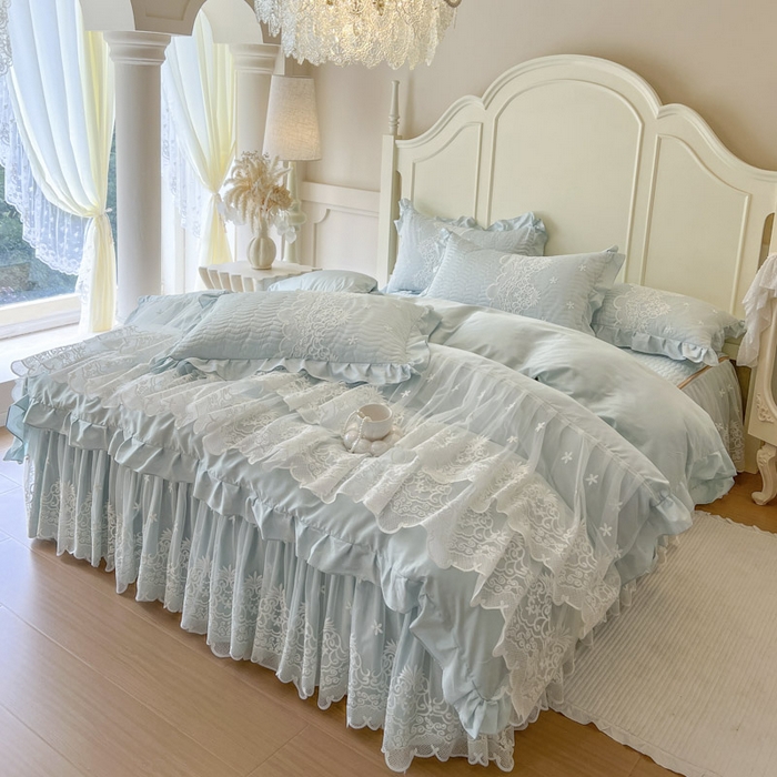 恋尚 2025新款60S贡缎长绒棉全棉纯棉拉链可拆卸床笠款床裙四件套-曼莉系列 曼莉-清新蓝