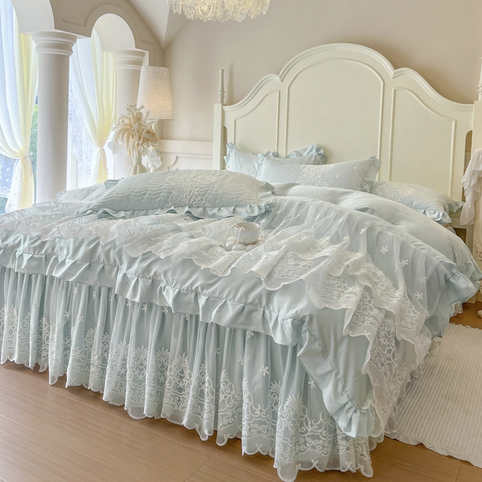 91家纺网 家纺一手货源 找家纺 恋尚 2025新款60S贡缎长绒棉全棉纯棉拉链可拆卸床笠款床裙四件套-曼莉系列 曼莉-清新蓝