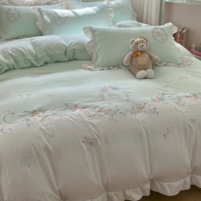 91家纺网 家纺一手货源 找家纺 ab家纺 2025新款夏莉儿系列水洗棉绣花四件套 夏莉儿-水绿