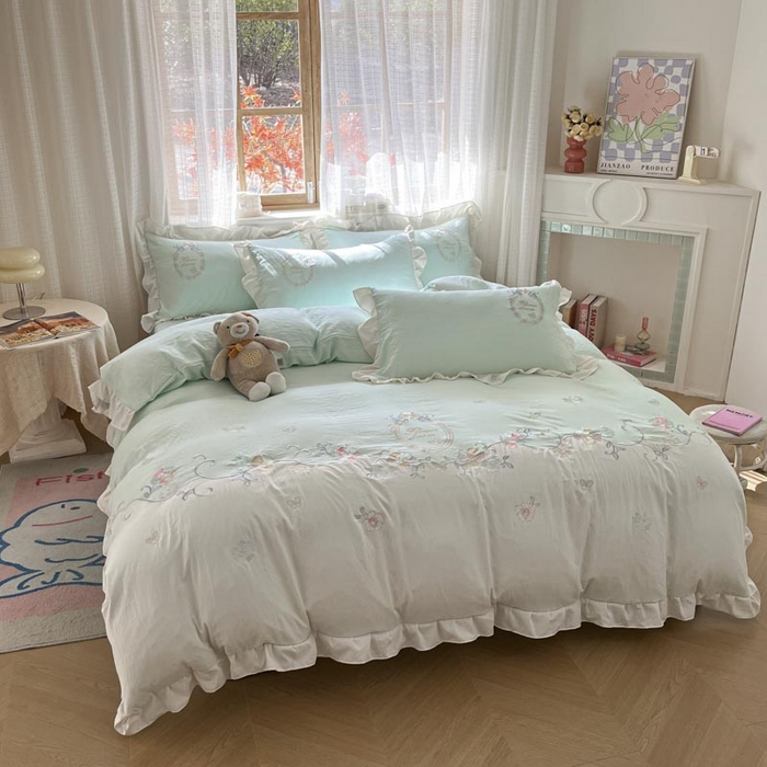 91家纺网 家纺一手货源 找家纺 ab家纺 2025新款夏莉儿系列水洗棉绣花四件套 夏莉儿-水绿