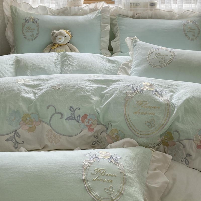 ab家纺 2025新款夏莉儿系列水洗棉绣花四件套 夏莉儿-水绿