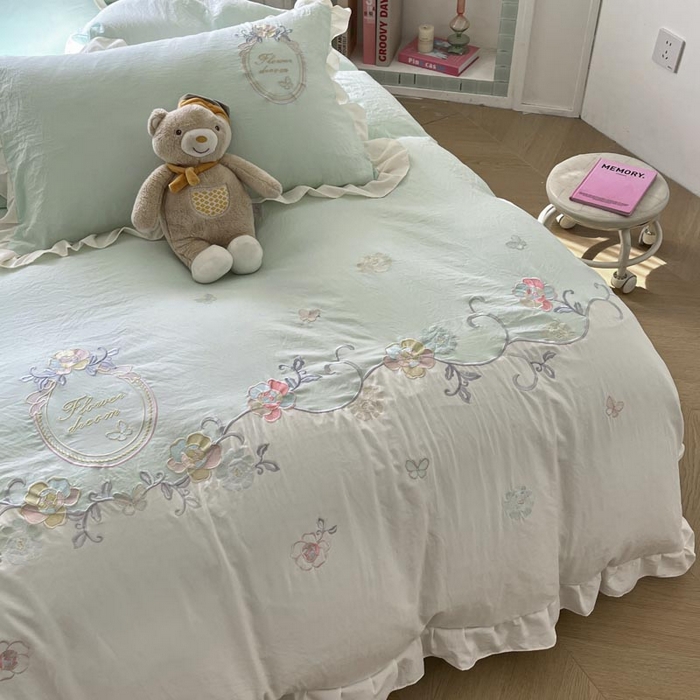 91家纺网 家纺一手货源 找家纺 ab家纺 2025新款夏莉儿系列水洗棉绣花四件套 夏莉儿-水绿