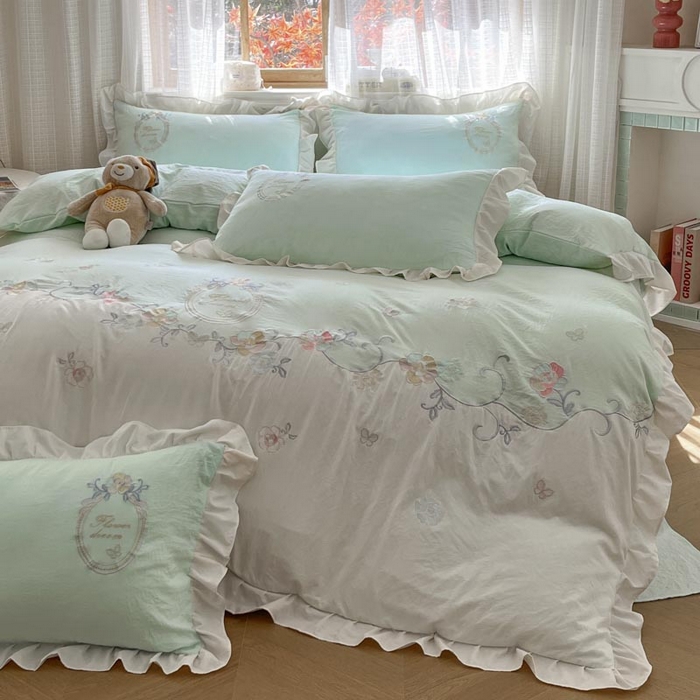 91家纺网 家纺一手货源 找家纺 ab家纺 2025新款夏莉儿系列水洗棉绣花四件套 夏莉儿-水绿