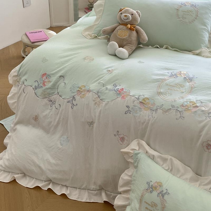 91家纺网 家纺一手货源 找家纺 ab家纺 2025新款夏莉儿系列水洗棉绣花四件套 夏莉儿-水绿