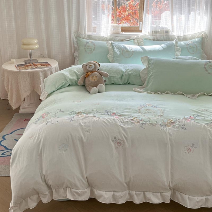 91家纺网 家纺一手货源 找家纺 ab家纺 2025新款夏莉儿系列水洗棉绣花四件套 夏莉儿-水绿