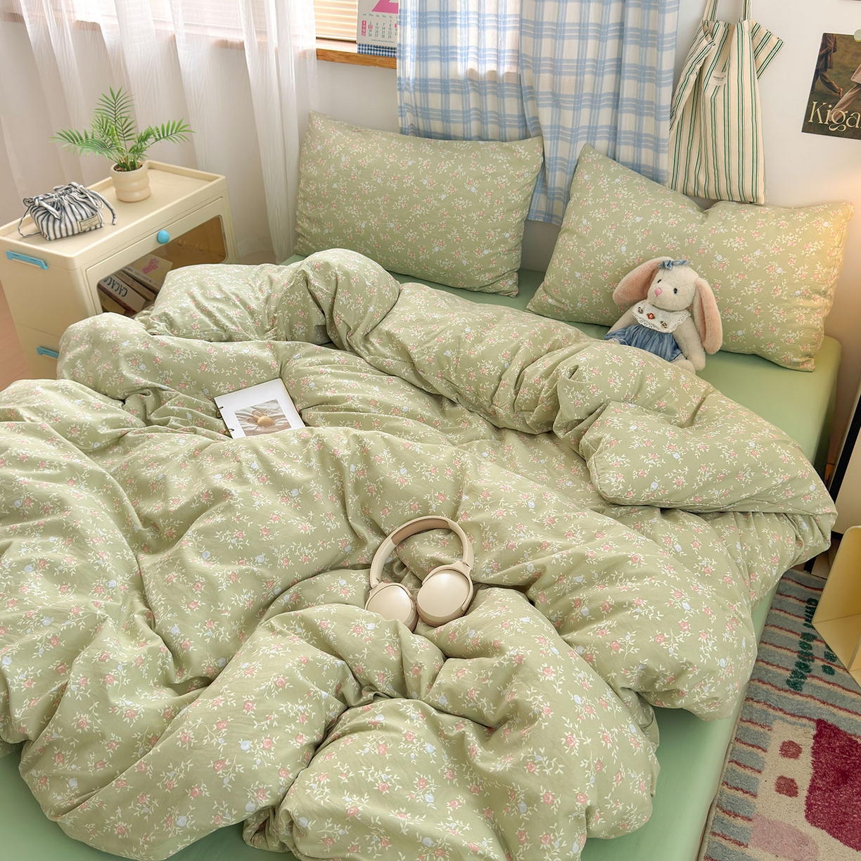 91家纺网 家纺一手货源 找家纺 罗亿家纺 2025新款软绵绵的双拼印花小清新水洗云朵棉四件套（含买家秀场景二）春江雾