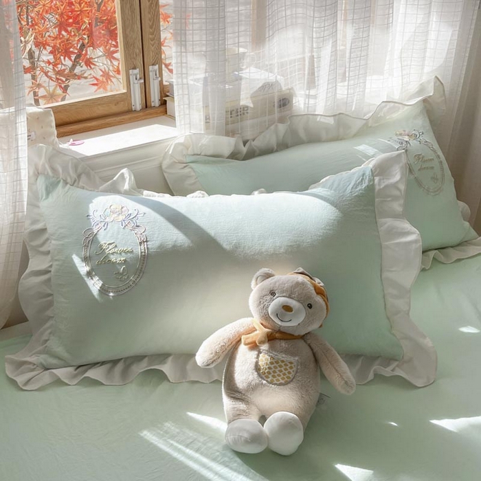 91家纺网 家纺一手货源 找家纺 ab家纺 2025新款夏莉儿系列水洗棉绣花四件套 夏莉儿-水绿