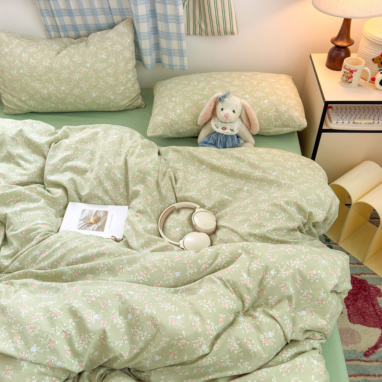 91家纺网 家纺一手货源 找家纺 罗亿家纺 2025新款软绵绵的双拼印花小清新水洗云朵棉四件套（含买家秀场景二）春江雾