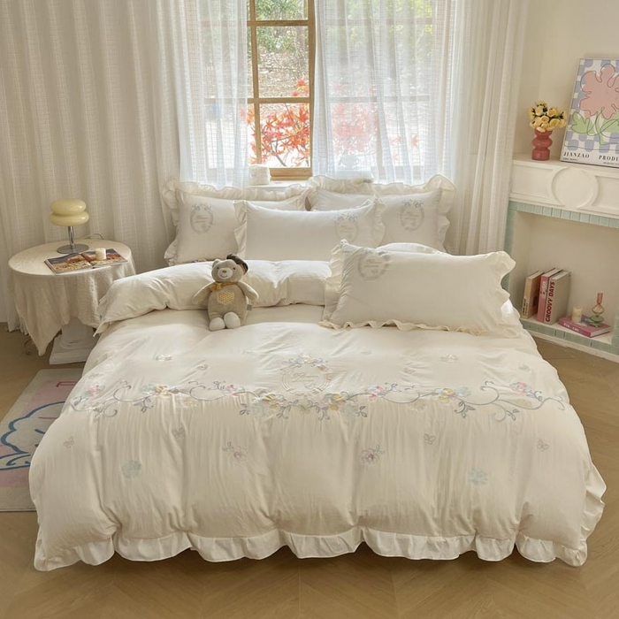 91家纺网 家纺一手货源 找家纺 ab家纺 2025新款夏莉儿系列水洗棉绣花四件套 夏莉儿-淡奶油