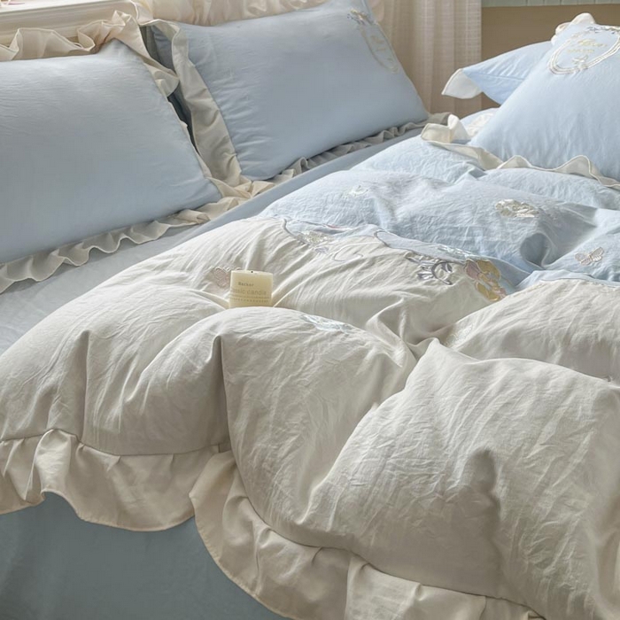 91家纺网 家纺一手货源 找家纺 ab家纺 2025新款夏莉儿系列水洗棉绣花四件套 夏莉儿-天空蓝