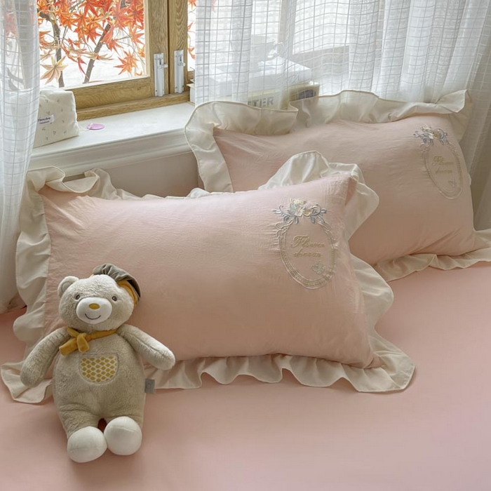 91家纺网 家纺一手货源 找家纺 ab家纺 2025新款夏莉儿系列水洗棉绣花四件套 夏莉儿-微微粉