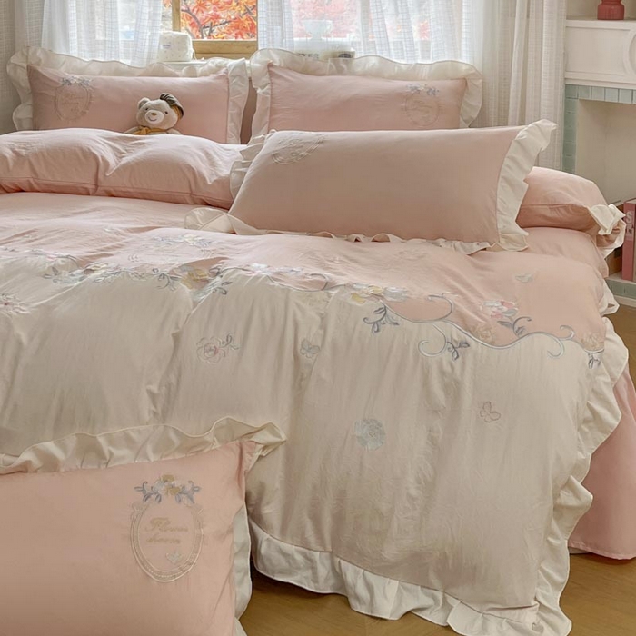 91家纺网 家纺一手货源 找家纺 ab家纺 2025新款夏莉儿系列水洗棉绣花四件套 夏莉儿-微微粉
