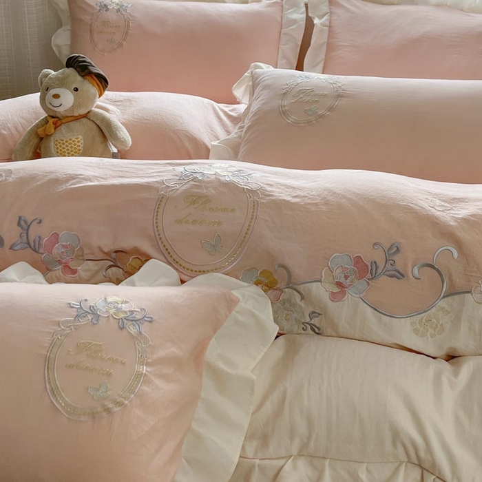 ab家纺 2025新款夏莉儿系列水洗棉绣花四件套 夏莉儿-微微粉