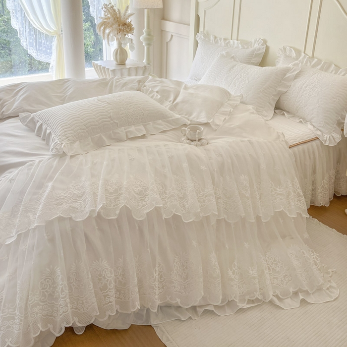 91家纺网 家纺一手货源 找家纺 恋尚 2025新款60S贡缎长绒棉全棉纯棉拉链可拆卸床笠款床裙四件套-曼莉系列 曼莉-珍珠白