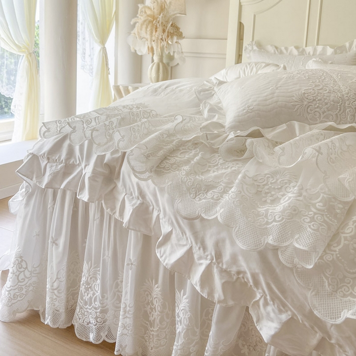91家纺网 家纺一手货源 找家纺 恋尚 2025新款60S贡缎长绒棉全棉纯棉拉链可拆卸床笠款床裙四件套-曼莉系列 曼莉-珍珠白