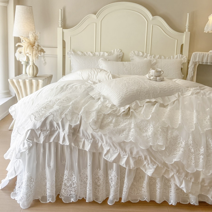 91家纺网 家纺一手货源 找家纺 恋尚 2025新款60S贡缎长绒棉全棉纯棉拉链可拆卸床笠款床裙四件套-曼莉系列 曼莉-珍珠白