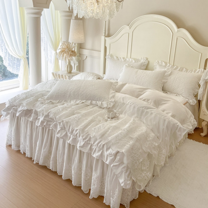 恋尚 2025新款60S贡缎长绒棉全棉纯棉拉链可拆卸床笠款床裙四件套-曼莉系列 曼莉-珍珠白