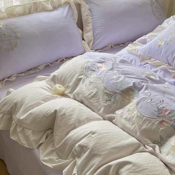91家纺网 家纺一手货源 找家纺 ab家纺 2025新款夏莉儿系列水洗棉绣花四件套 夏莉儿-香芋紫