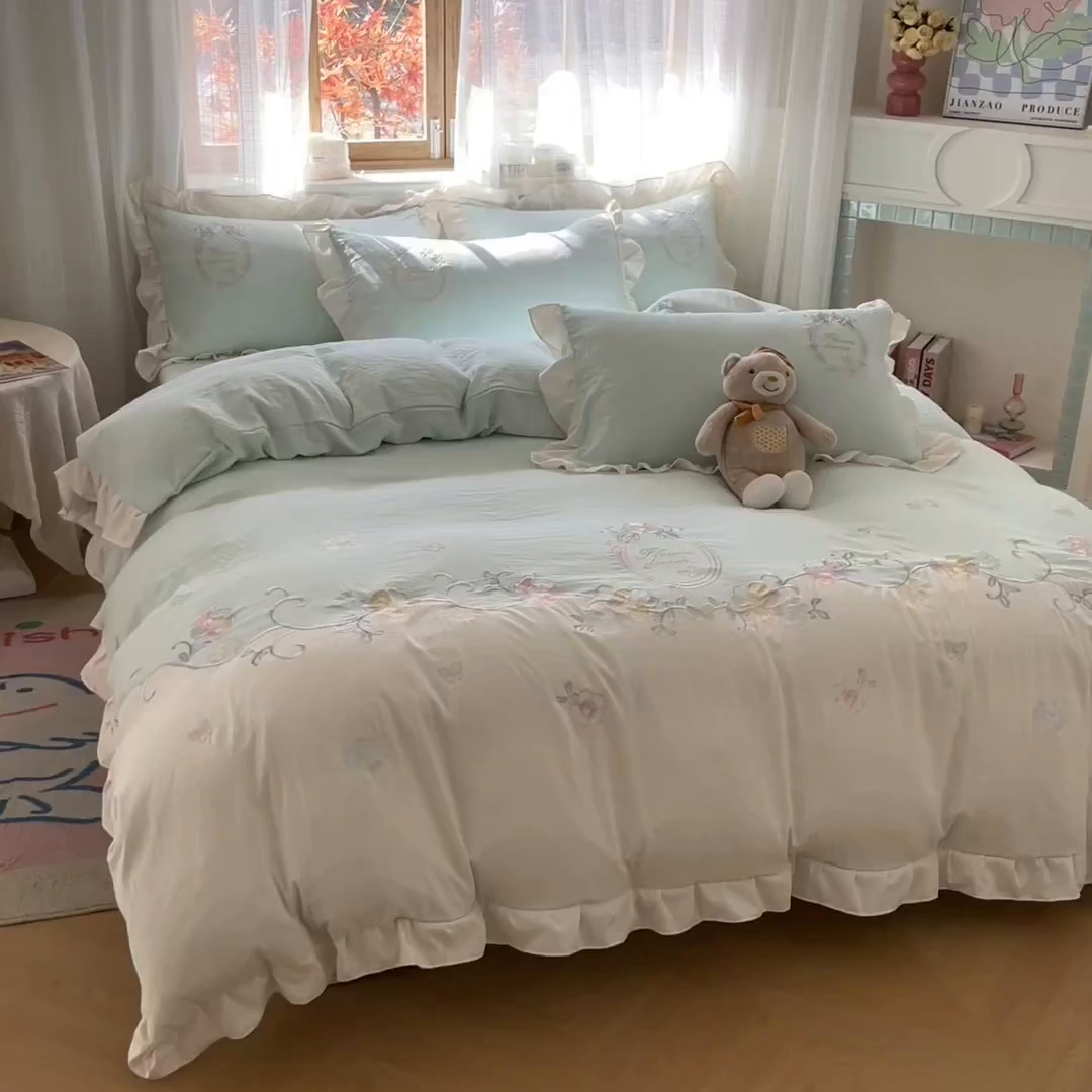 91家纺网 家纺一手货源 找家纺 ab家纺 2025新款夏莉儿系列水洗棉绣花四件套 夏莉儿-水绿