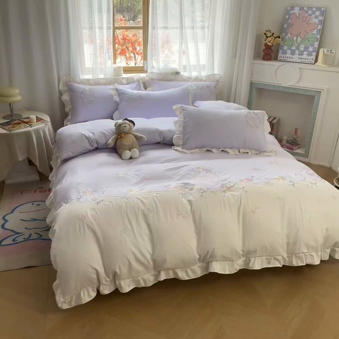 91家纺网 家纺一手货源 找家纺 ab家纺 2025新款夏莉儿系列水洗棉绣花四件套 夏莉儿-香芋紫
