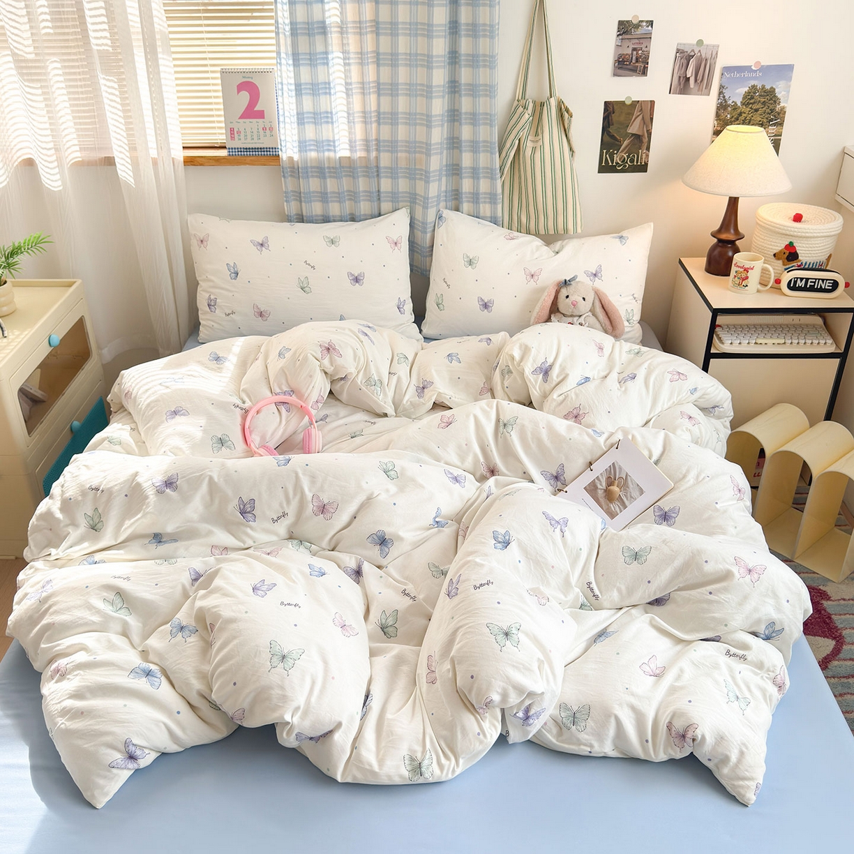 91家纺网 家纺一手货源 找家纺 罗亿家纺 2025新款软绵绵的双拼印花小清新水洗云朵棉四件套（含买家秀场景二）彩蝴蝶