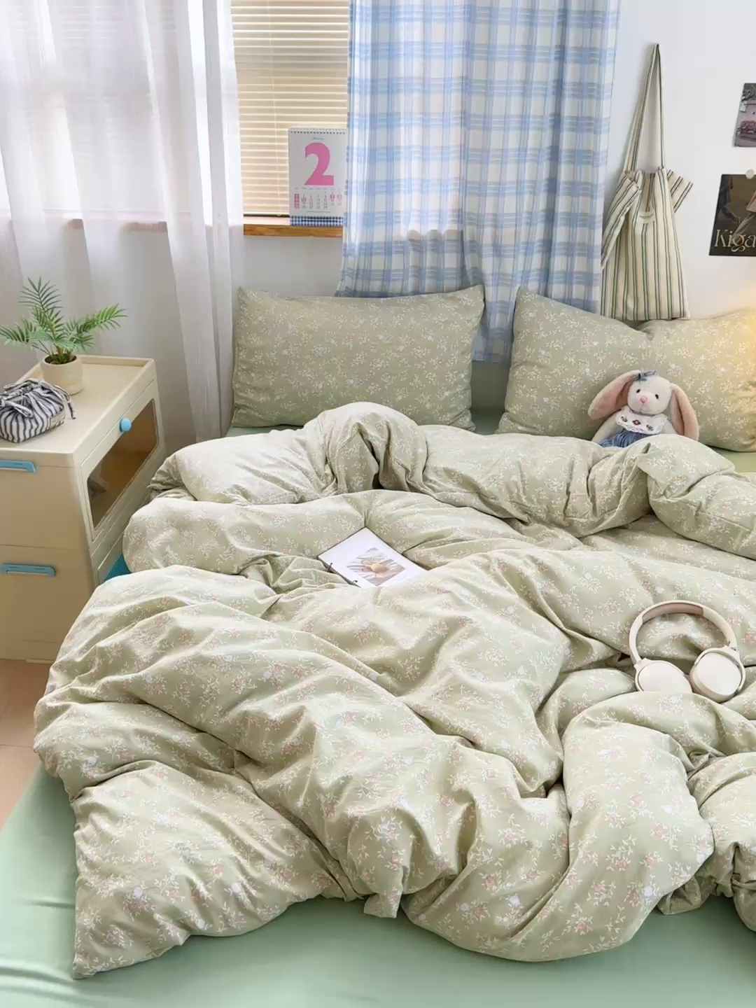 91家纺网 家纺一手货源 找家纺 罗亿家纺 2025新款软绵绵的双拼印花小清新水洗云朵棉四件套（含买家秀场景二）春江雾