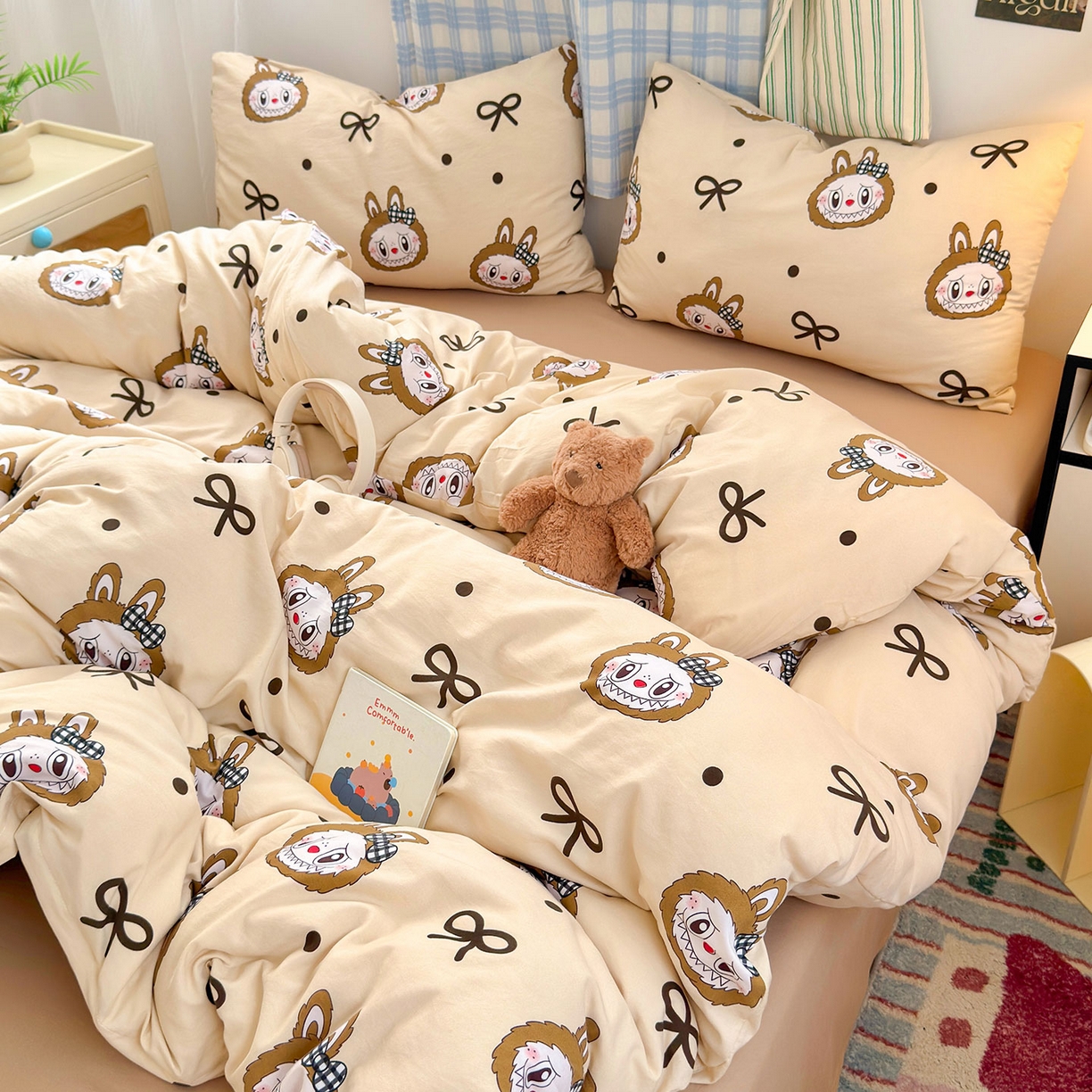 91家纺网 家纺一手货源 找家纺 罗亿家纺 2025新款软绵绵的双拼印花小清新水洗云朵棉四件套（含买家秀场景二）精灵首领