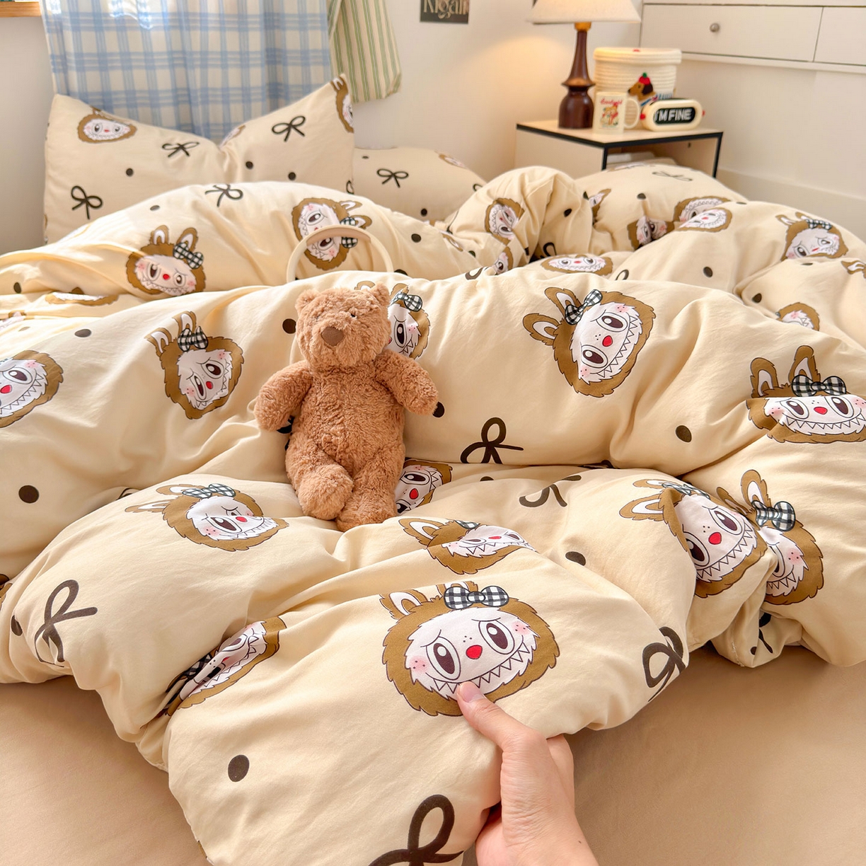 91家纺网 家纺一手货源 找家纺 罗亿家纺 2025新款软绵绵的双拼印花小清新水洗云朵棉四件套（含买家秀场景二）精灵首领