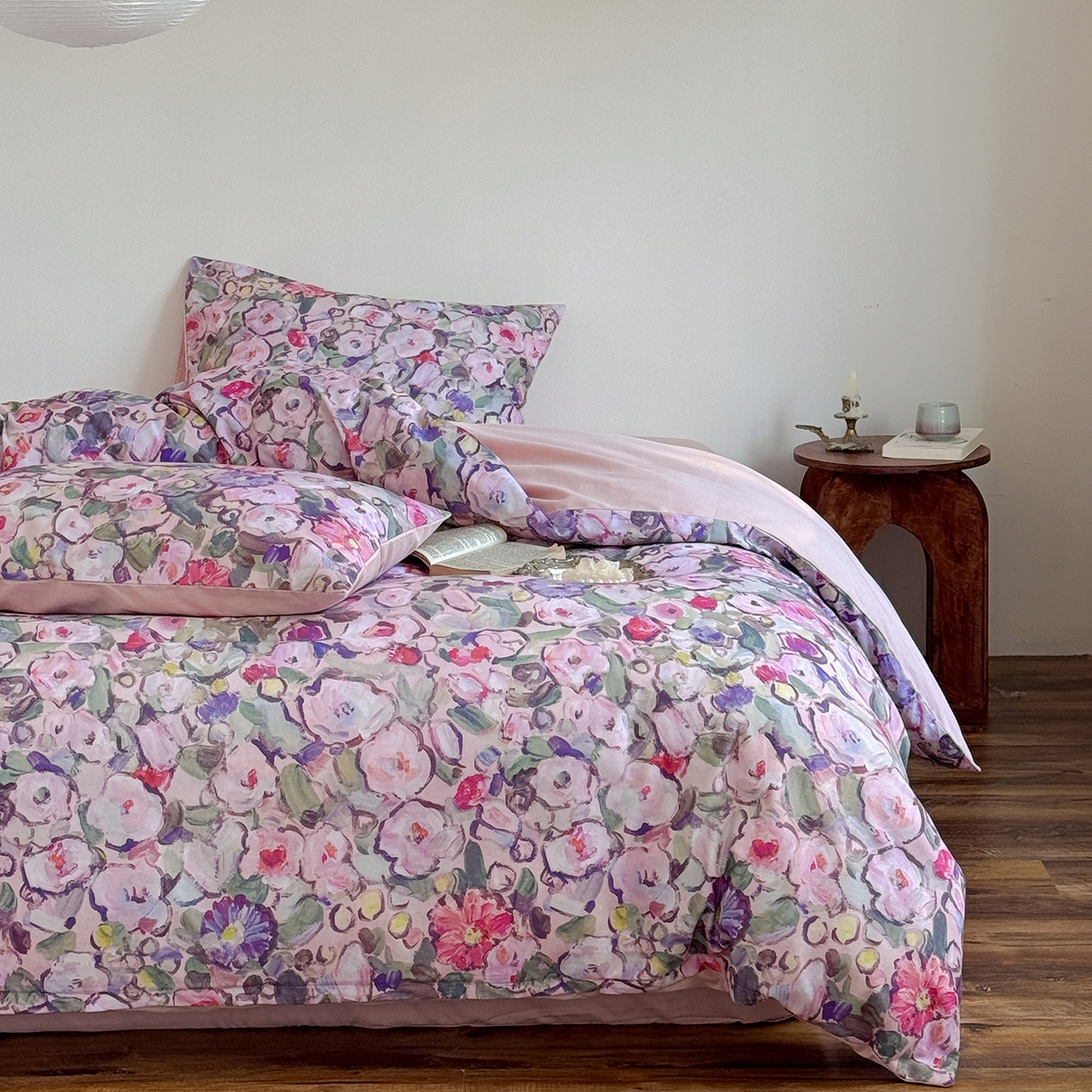 91家纺网 家纺一手货源 找家纺 窝米 2025新款全棉火山磨毛花卉系列四件套-第二批 兰朵粉