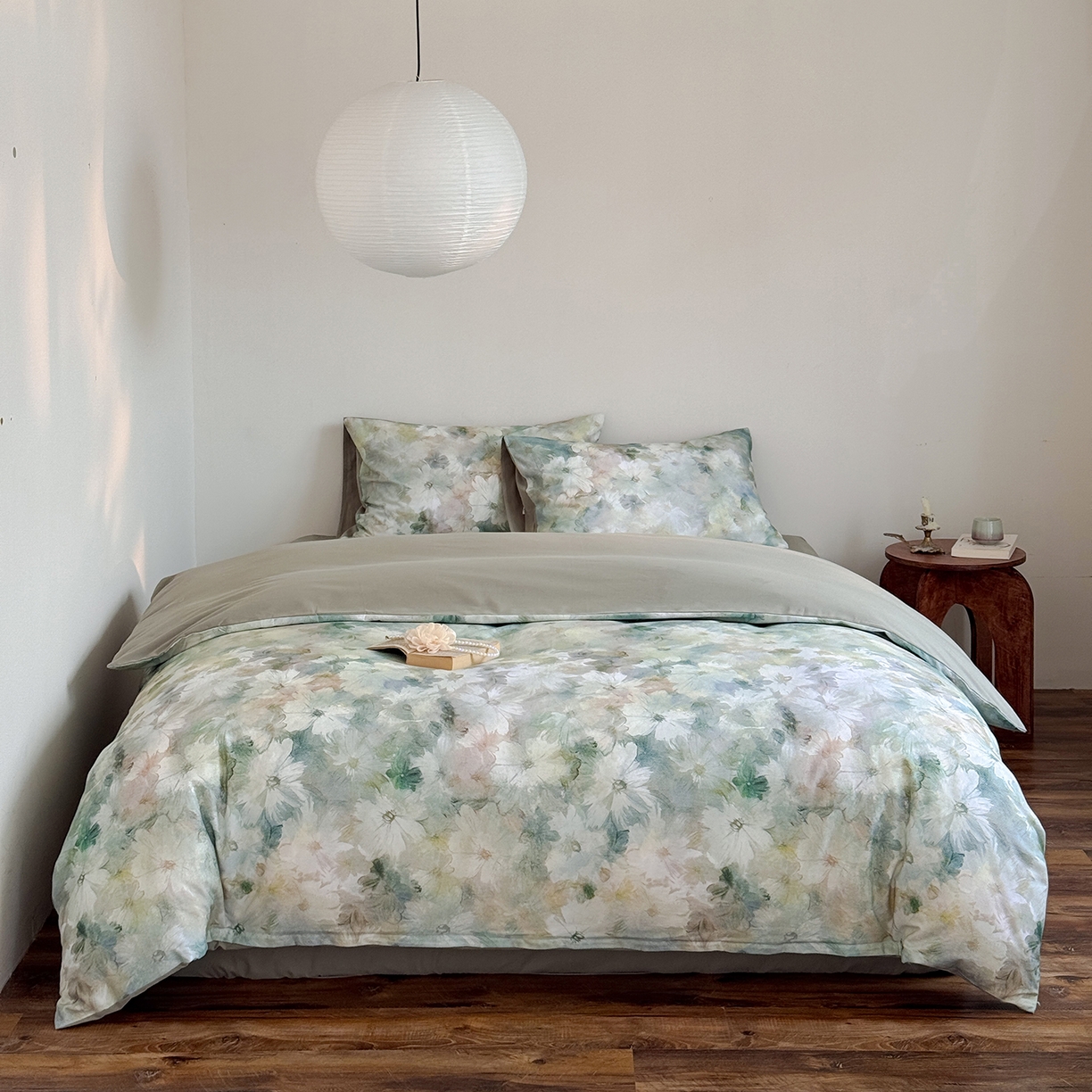 91家纺网 家纺一手货源 找家纺 窝米 2025新款全棉火山磨毛花卉系列四件套-第二批 雾化绿