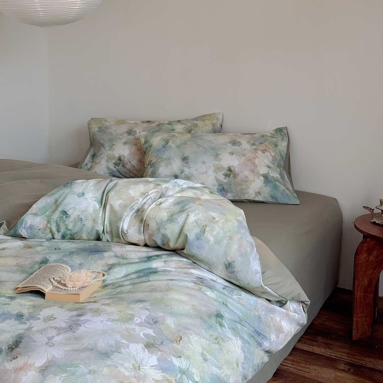 91家纺网 家纺一手货源 找家纺 窝米 2025新款全棉火山磨毛花卉系列四件套-第二批 雾化绿