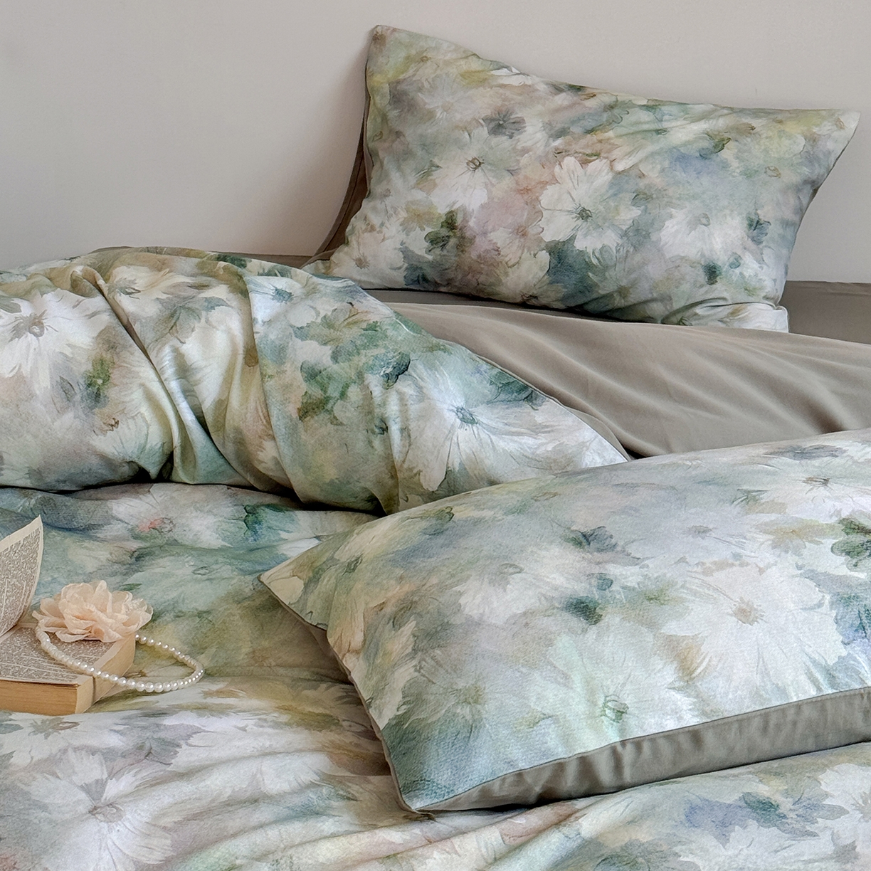 91家纺网 家纺一手货源 找家纺 窝米 2025新款全棉火山磨毛花卉系列四件套-第二批 雾化绿