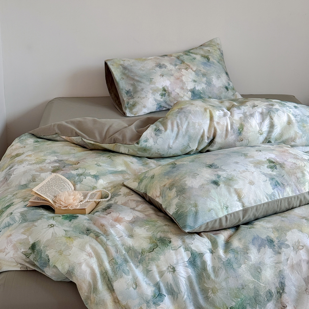 91家纺网 家纺一手货源 找家纺 窝米 2025新款全棉火山磨毛花卉系列四件套-第二批 雾化绿