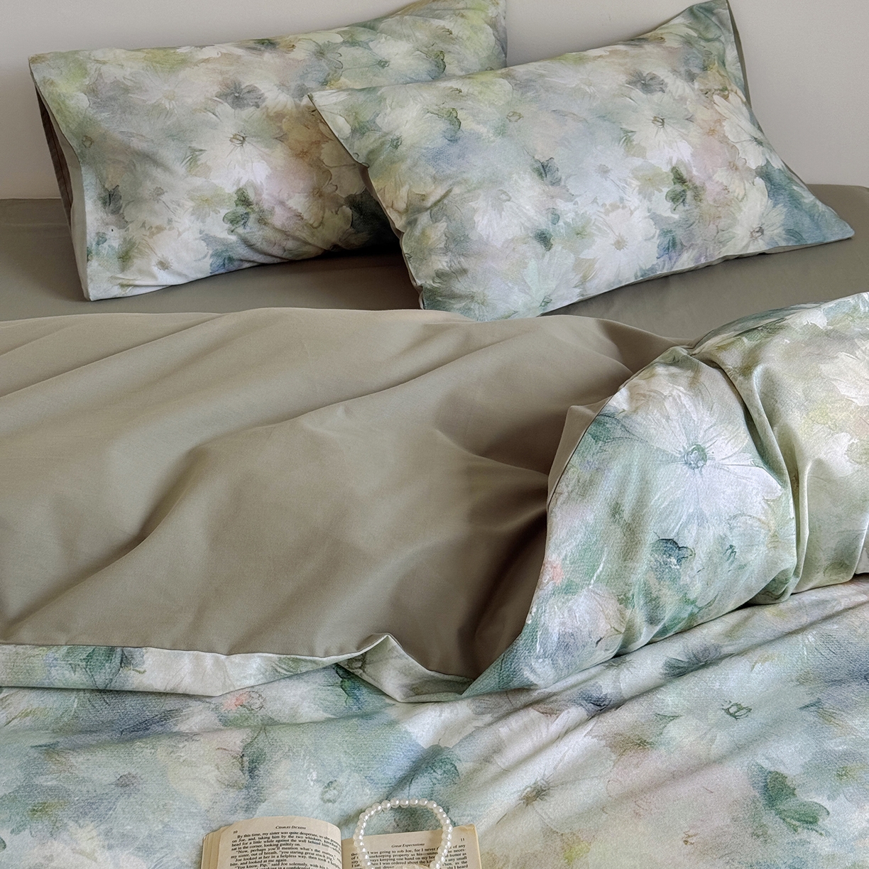 91家纺网 家纺一手货源 找家纺 窝米 2025新款全棉火山磨毛花卉系列四件套-第二批 雾化绿