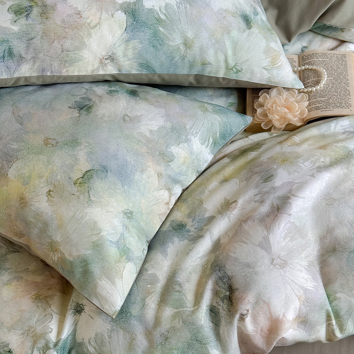 91家纺网 家纺一手货源 找家纺 窝米 2025新款全棉火山磨毛花卉系列四件套-第二批 雾化绿