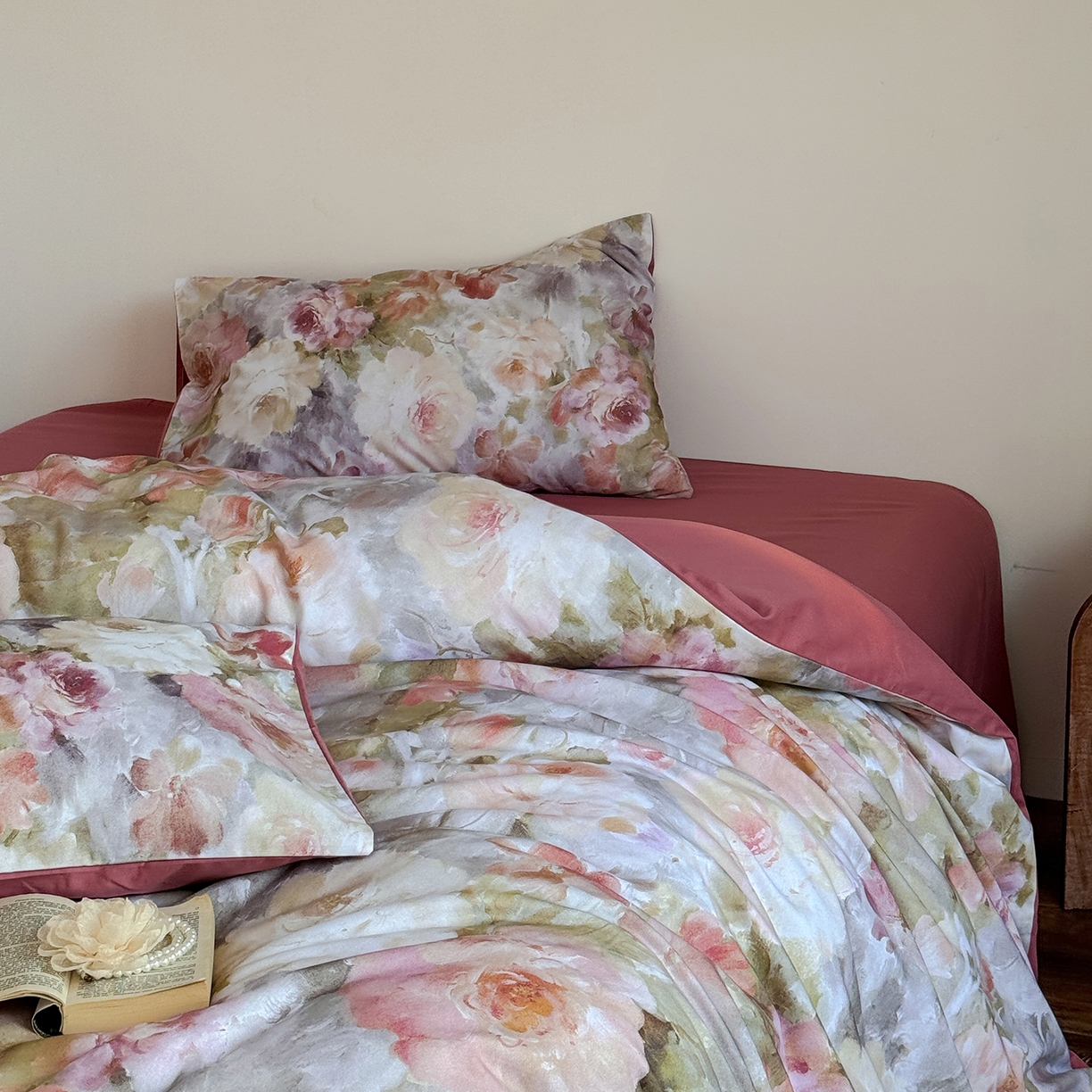 91家纺网 家纺一手货源 找家纺 窝米 2025新款全棉火山磨毛花卉系列四件套-第二批 雾祷桔