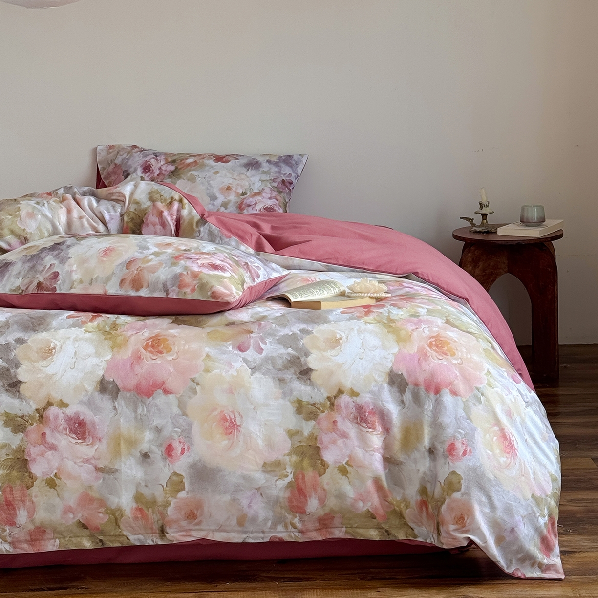 91家纺网 家纺一手货源 找家纺 窝米 2025新款全棉火山磨毛花卉系列四件套-第二批 雾祷桔