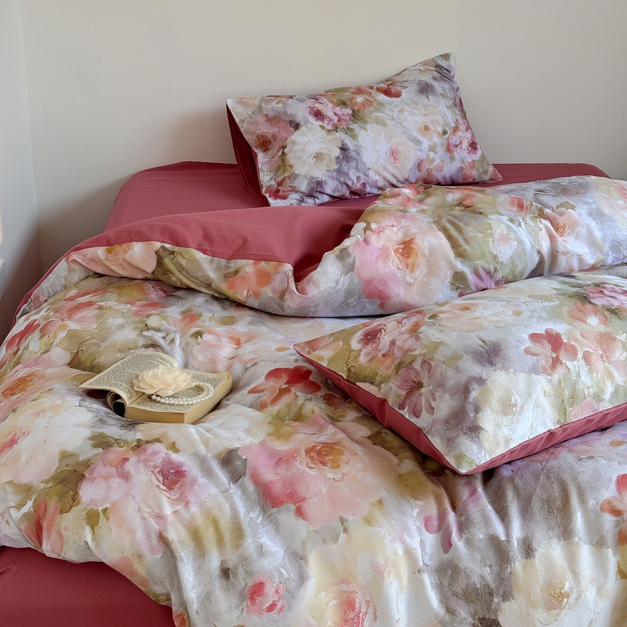 91家纺网 家纺一手货源 找家纺 窝米 2025新款全棉火山磨毛花卉系列四件套-第二批 雾祷桔