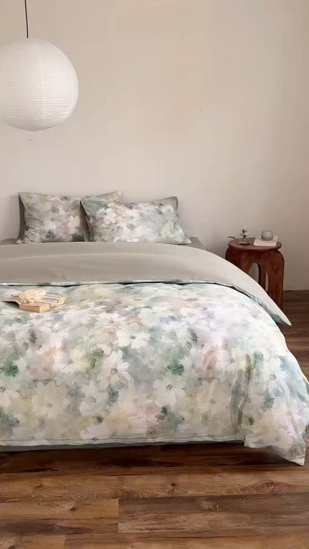 91家纺网 家纺一手货源 找家纺 窝米 2025新款全棉火山磨毛花卉系列四件套-第二批 雾化绿