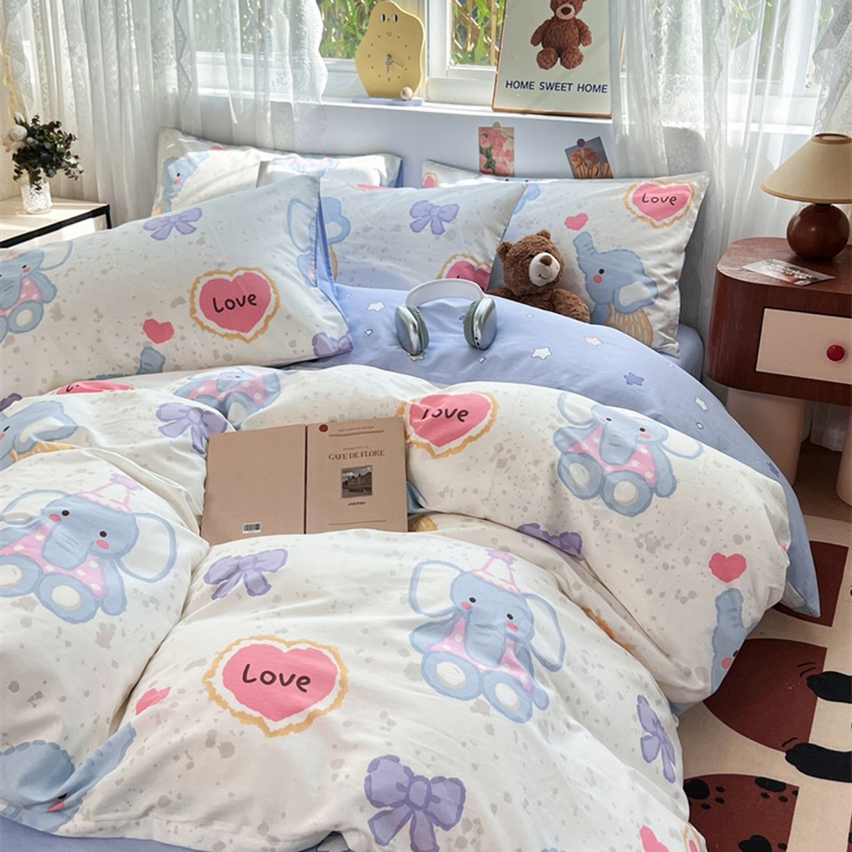 91家纺网 家纺一手货源 找家纺 红馆 2025年全棉12868印花系列四件套 爱心小象