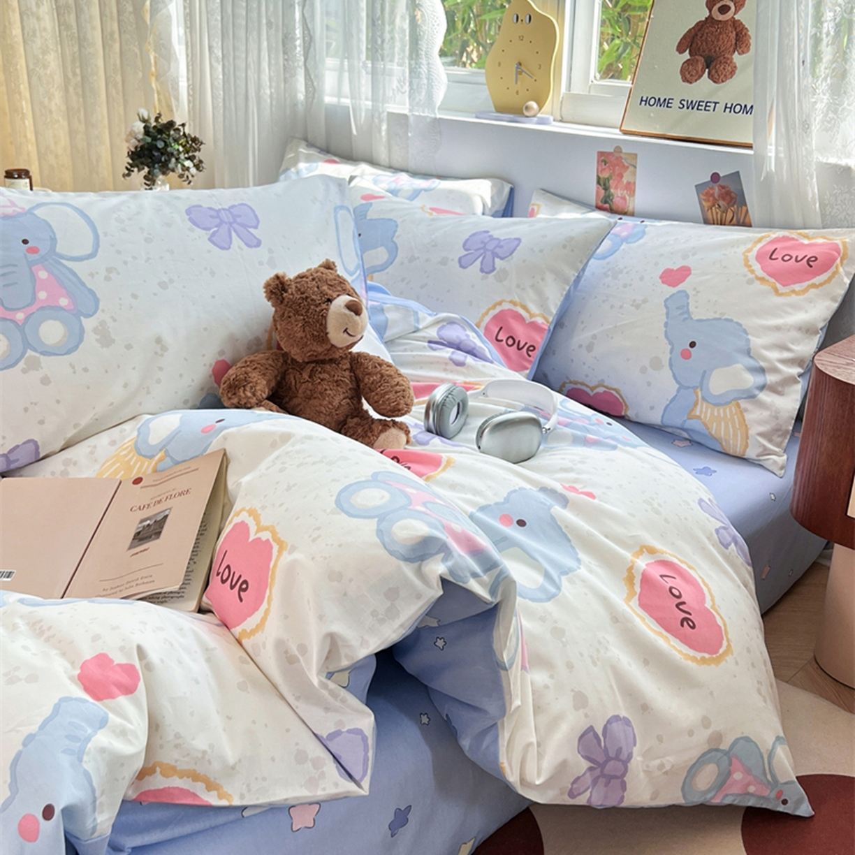 91家纺网 家纺一手货源 找家纺 红馆 2025年全棉12868印花系列四件套 爱心小象