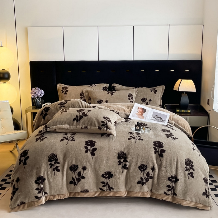 仟网汇 2025新款兔毛绒法式宽边四件套牛奶绒 拿铁玫瑰