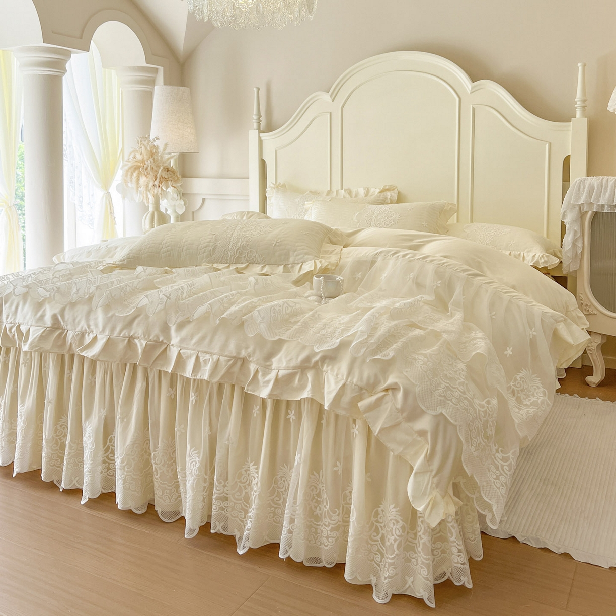 91家纺网 家纺一手货源 找家纺 恋尚 2025新款60S贡缎长绒棉全棉纯棉拉链可拆卸单被套床笠款单床裙床裙单品-曼莉系列 控价170起！ 曼莉-奶油黄