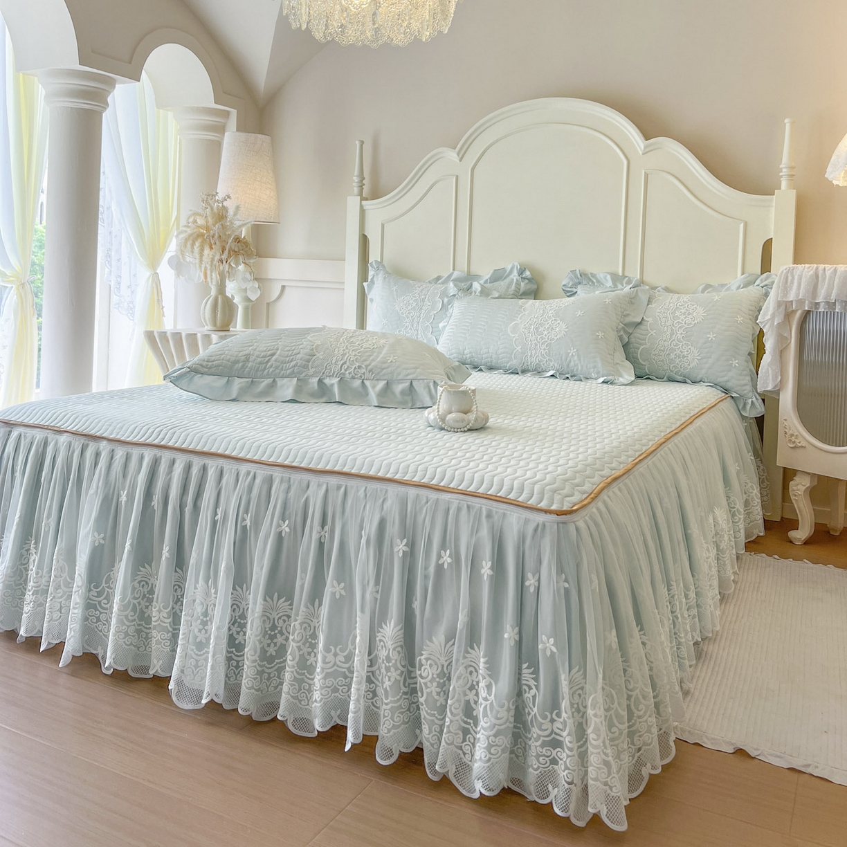 91家纺网 家纺一手货源 找家纺 恋尚 2025新款60S贡缎长绒棉全棉纯棉拉链可拆卸单被套床笠款单床裙床裙单品-曼莉系列 控价170起！ 曼莉-清新蓝