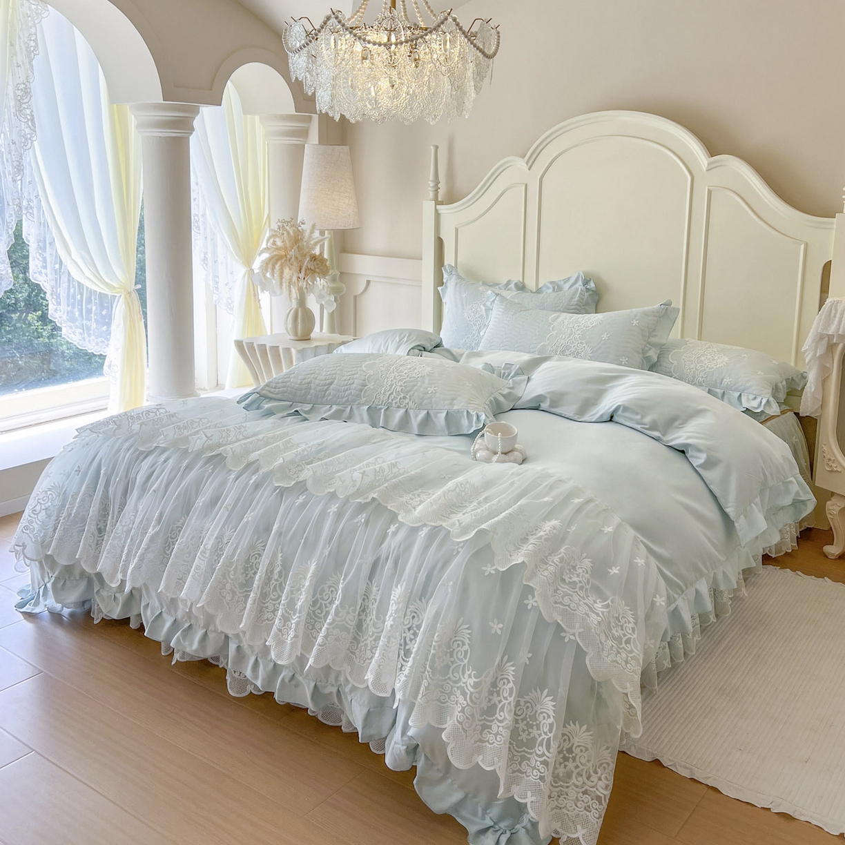 91家纺网 家纺一手货源 找家纺 恋尚 2025新款60S贡缎长绒棉全棉纯棉拉链可拆卸单被套床笠款单床裙床裙单品-曼莉系列 控价170起！ 曼莉-清新蓝