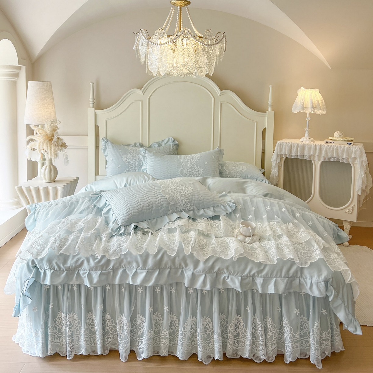 91家纺网 家纺一手货源 找家纺 恋尚 2025新款60S贡缎长绒棉全棉纯棉拉链可拆卸单被套床笠款单床裙床裙单品-曼莉系列 控价170起！ 曼莉-清新蓝