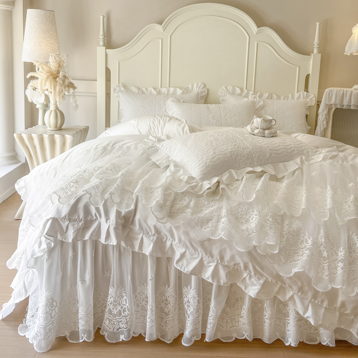 91家纺网 家纺一手货源 找家纺 恋尚 2025新款60S贡缎长绒棉全棉纯棉拉链可拆卸单被套床笠款单床裙床裙单品-曼莉系列 控价170起！ 曼莉-珍珠白